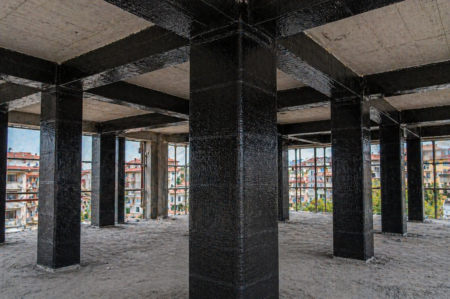 Karbon fiber kumaş ile sarılmış betonarme kolon ve kiriş sistemi
